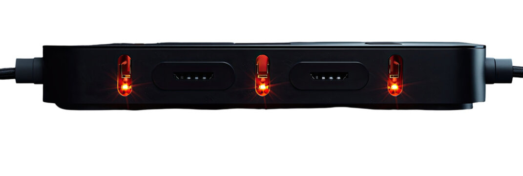 Dark, sleek device with three illuminated red indicator lights