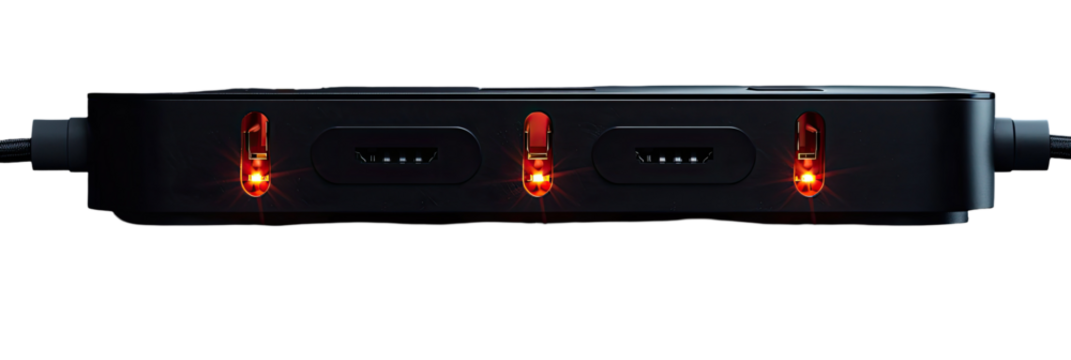 Dark, sleek device with three illuminated red indicator lights