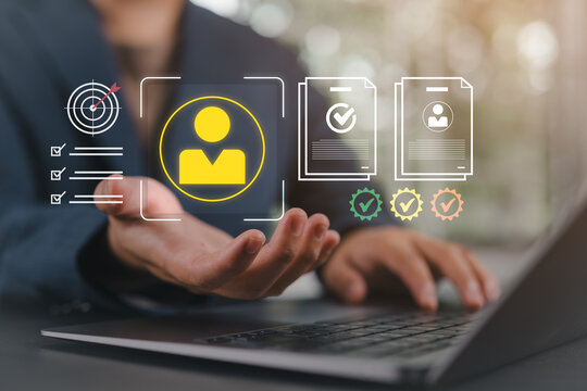 Know your customer authentication process. HR and KYC technology concept with digital identity verification and candidate approval interface. Ideal for human resource management, recruitment,