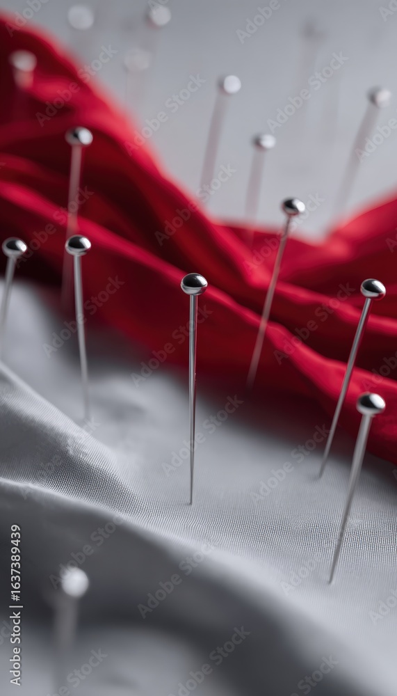 Poster abstract visual metaphor with torn red fabric and pins