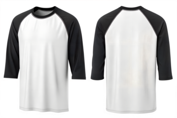 Clean white raglan sleeve t-shirt with black sleeves shown front and back for apparel mockups.