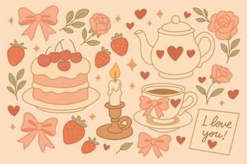 Set of hand drawn coquette elements for Valentines day. Collection of hand-drawn, romantic illustrations in soft pink tones. It includes various elements commonly associated with love and affection.