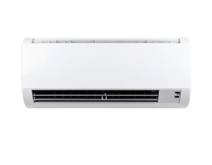 Modern Wall-Mounted Air Conditioner Unit Front View, Clean White Background, Isolated