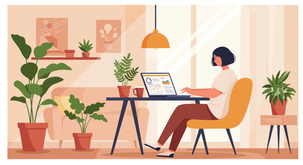 Woman Working at Home on Laptop with Plants Around