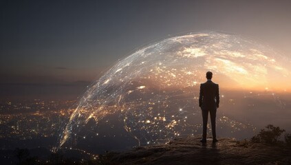 Businessman on cliff overlooking global network