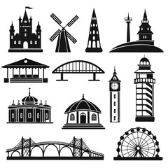 Fototapeta premium Flat black silhouette vector icons of world architecture, famous landmarks, and building structures, perfect for travel designs, cityscape art, tourism branding, and cultural illustrations