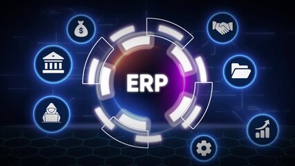 Animated erp system with financial and business process management icons - Powered by Adobe