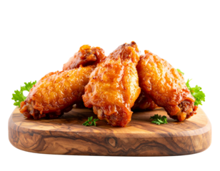  Single Glazed Fried Chicken Wing on Wooden Board, Close-Up Side View, Isolated