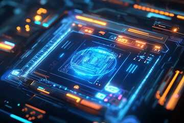 Futuristic neon blue circuit board with glowing digital elements