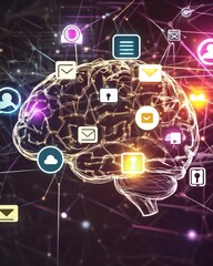 Obraz premium Human Brain Pressured by Oversized Smartphone Icons – Concept of Social Anxiety and Digital Overload
