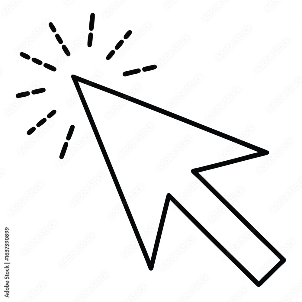 Poster black outline cursor clicking with animated sparkle effect on white background