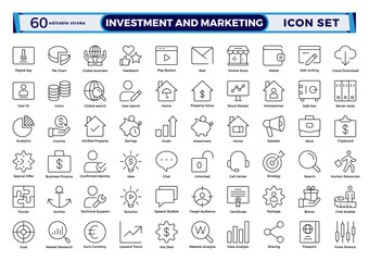 Investment and marketing icon set in line style. Includes content, search, ecommerce, digital devices, internet, analytics, social media, money income, and pension fund.  Editable stroke outline icon.