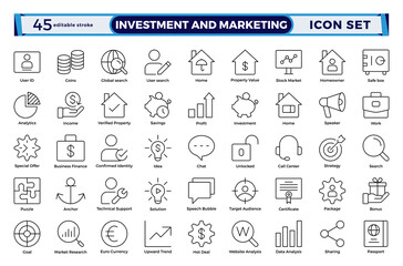 Investment and marketing icon set in line style. Includes content, search, ecommerce, digital devices, internet, analytics, social media, money income, and pension fund.  Editable stroke outline icon.