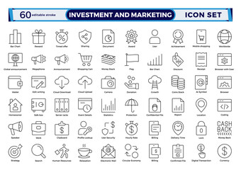 Investment and marketing icon set in line style. Includes content, search, ecommerce, digital devices, internet, analytics, social media, money income, and pension fund.  Editable stroke outline icon.