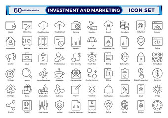 Investment and marketing icon set in line style. Includes content, search, ecommerce, digital devices, internet, analytics, social media, money income, and pension fund.  Editable stroke outline icon.
