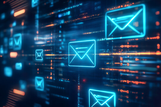 Digital communication network with glowing email icons