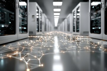 Connection network in servers data center room storage systems 3D rendering 
