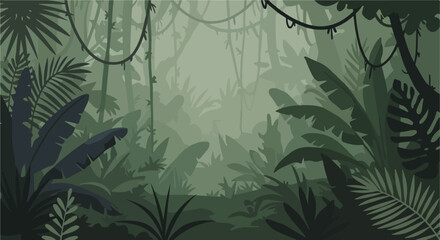 Lush jungle vegetation with hanging vines, misty atmosphere, & detailed greenery