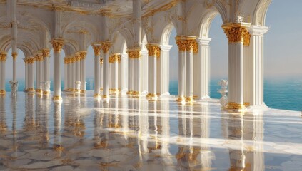 Luxurious colonnaded hall overlooking a sea, bathed in sunlight
