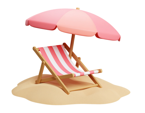 Beach chair and umbrella on sand island with plain backdrop for holiday travel promotion