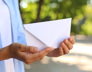 Person outdoors gently holding a blank white envelope