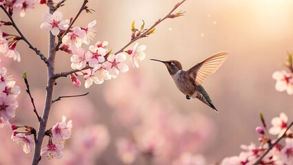 Hummingbird feeding on pink cherry blossoms in soft sunlight
