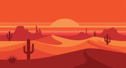 Sunset over a desert landscape with red dunes, cacti, and a layered sky with warm tones