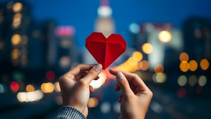 Cinematic Valentine’s Day background with two hands holding red origami heart and city lights bokeh