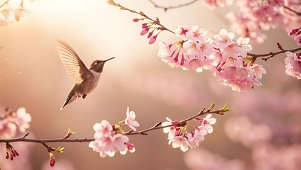 Tiny hummingbird hovers near delicate pink cherry blossoms in soft sunlight
