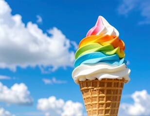 Rainbow-swirled soft-serve ice cream cone against a bright blue sky with fluffy white clouds