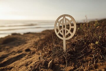 Protest Sign with Earth Icon on Coastal Trail with Seascape Background