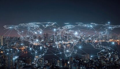 Global network map overlaid on a city skyline at night.  Interconnected points form a world map.  Digital lines connect major city lights, creating a global communication network