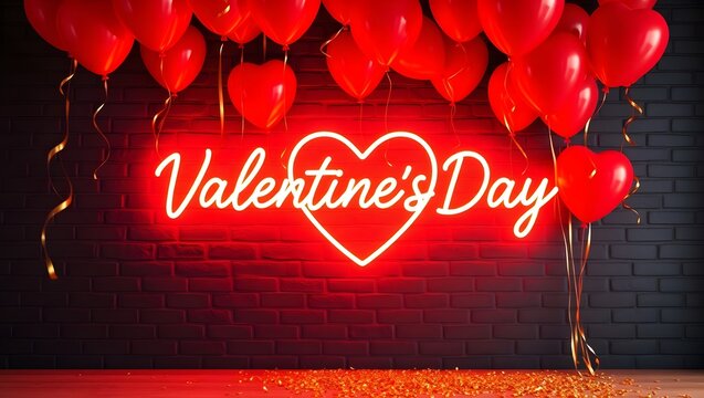 4K Realistic Valentine’s Day Neon Heart with Red Balloons and Golden Confetti on Dark Brick Wall