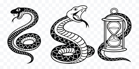 Obraz premium Vintage Snake Illustrations Featuring Intricate Line Work and Timeless Symbolism in Black and White Graphic Design for Creative Projects