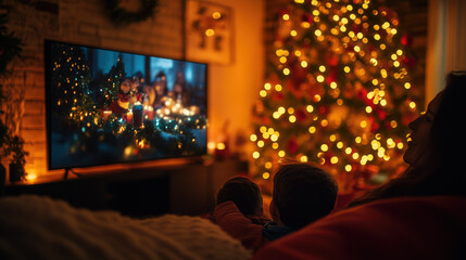 festive night scene in a living room, the TV screen glowing, and the family bathed in soft warm light