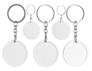 White round keychain blanks, hanging, isolated. Mockup for personalization, promotional use