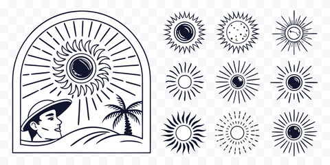 Vintage Summer Vacation Vibes Collection of Sun Designs and Tropical Scenery with a Man in Hat