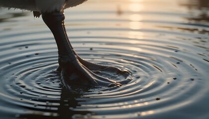 Cinematic close-up of a duck's webbed foot paddling through shallow pond water, ripples spreading outward.