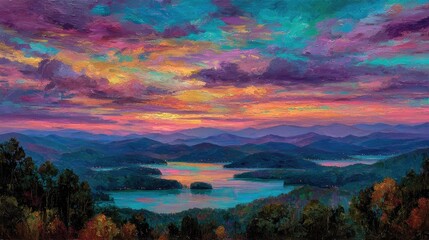 Vibrant sunset over a serene lake nestled in a mountain range