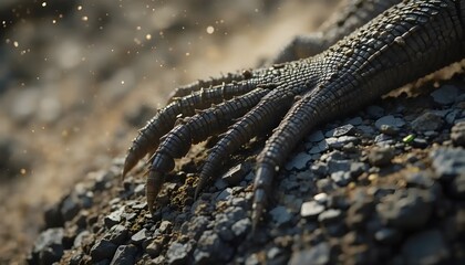 macro cinematic shot of a Komodo dragon's claw gripping rugged volcanic rock, dust and tiny gravel falling off.