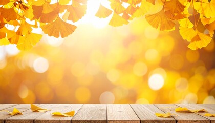 秋の黄色い葉のフレームとゴールドぼかし背景