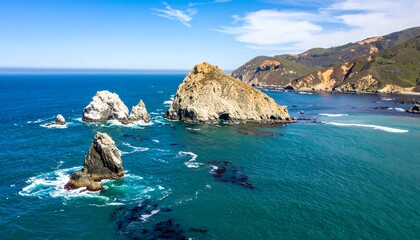Coastal rocks and cliffs under a bright blue sky