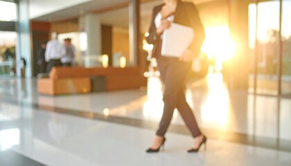 Dynamic businesswoman walking confidently with laptop in modern office building during sunny day