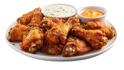 Crispy fried chicken wings, arranged on a plate, with dipping sauces