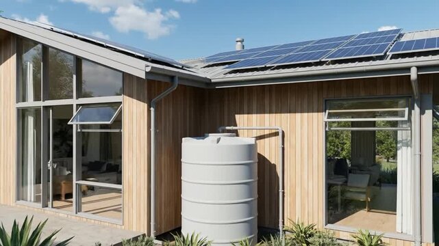 Modern house exterior with water tank and solar panels, showcasing sustainable design elements.