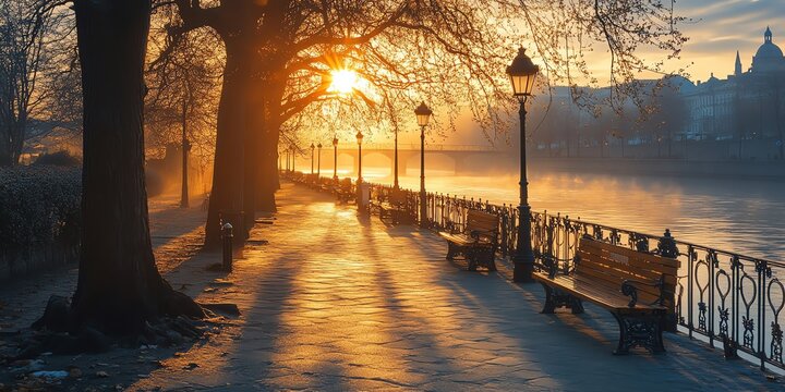 Sunrise over Foggy Riverside Promenade with Benches