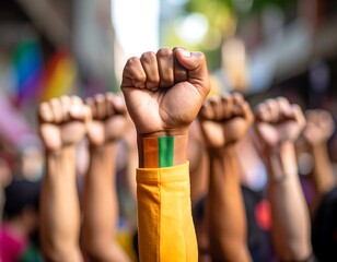 Raised fists, a symbol of unity and protest, with a focus on a wrist bearing a colorful band