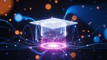 A digital 3d rendering of a graduation cap with glowing particles and network connections, symbolizing education, technology, and artificial intelligence in the future - Powered by Adobe