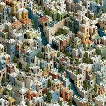 Isometric Cityscape with Pastel Buildings and Winding Waterways