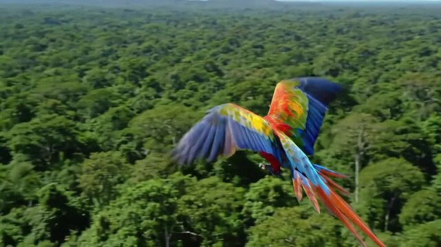 A vibrant macaw parrot soars gracefully above a lush, dense tropical forest canopy.